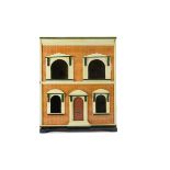 A G & J Lines No 5 or 6 boxed-back Dolls' House, re-papered with brick façade, central front door,