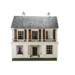 A Tri-ang Wooden Dolls' House DH/3, white painted and brick-paper façade, central front door set