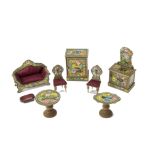 German chromolithographed paper-covered Wooden Dolls' House Furniture, decorated with insects and