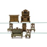 Oak Dolls' House Furniture, sofa and three chairs upholstered in green brushed cotton printed with