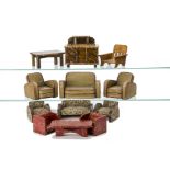 Art Deco large scale Dolls' House Furniture, beige and red oil-cloth upholstered three-piece