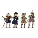 Four Grecon Dolls' House outdoor Dolls, male and female hiker --3½in. (9cm.) high, boy scout and