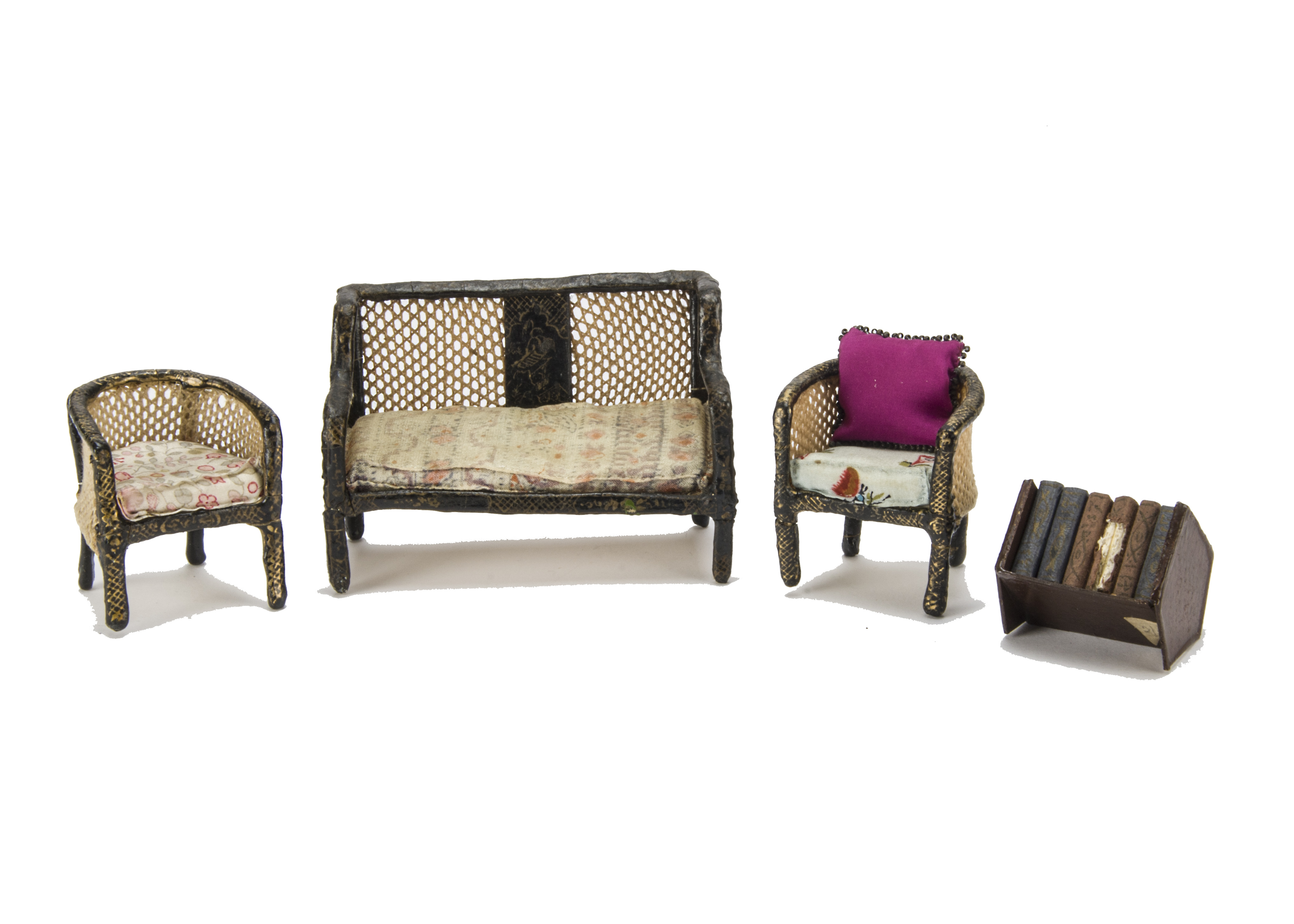 A Westacre Chinoiserie Sofa and Chairs, black-painted sofa with gold design and cotton caning --4in.