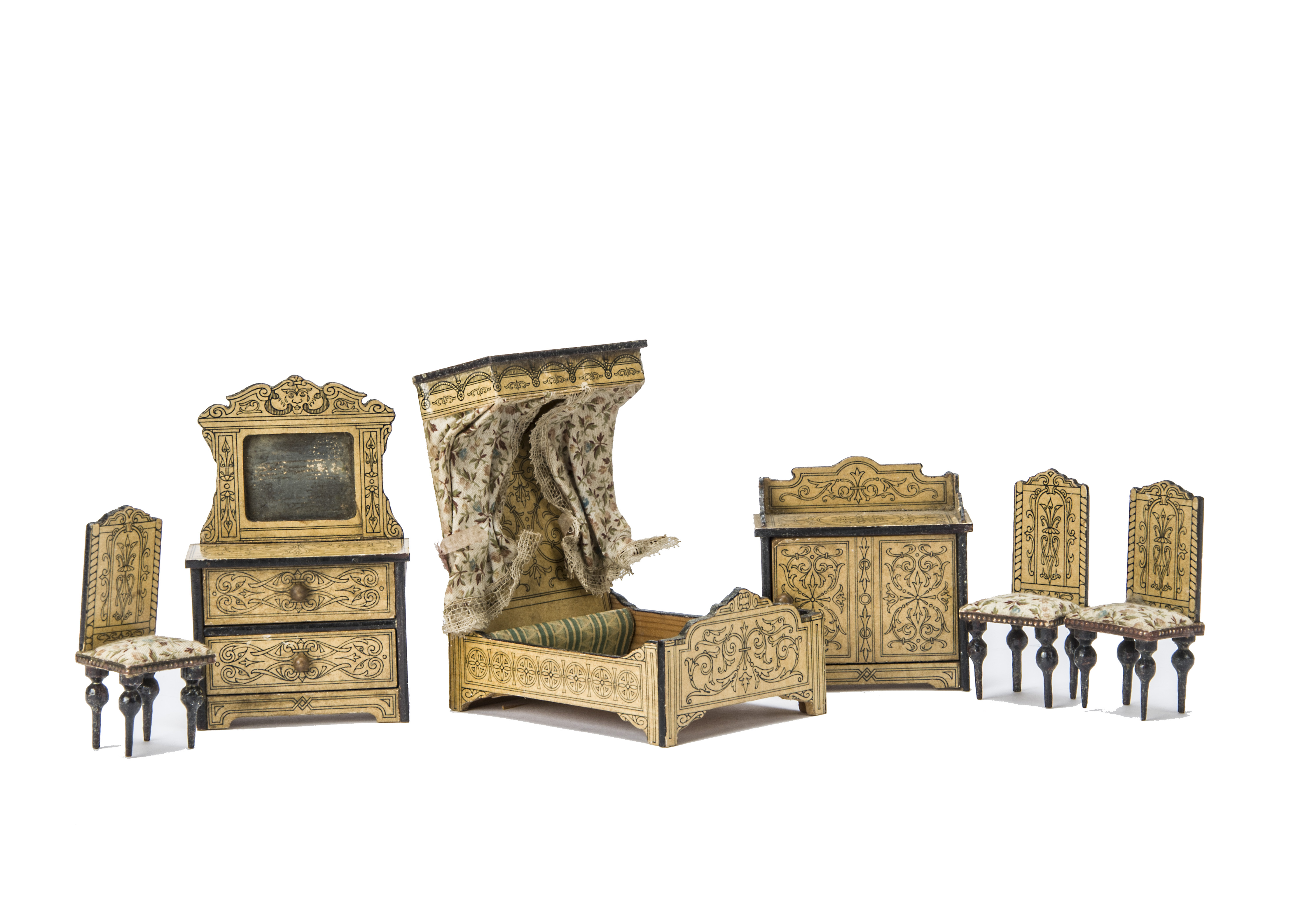 A German lithographed paper-covered Wooden Dolls' House Bedroom Set, satin wood finish printed