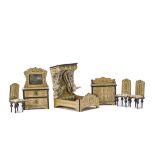 A German lithographed paper-covered Wooden Dolls' House Bedroom Set, satin wood finish printed