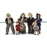 A Grecon Dolls' House Family, grandma and grandpa, mum and dad, boy and girl, boy with label --2¼in.