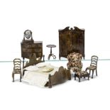 Tri-ang Period Dolls' House Queen Anne Bedroom Set, comprising bedstead --5¾in. (14.5cm.) long,