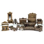 German Dolls' House Furniture, an upholstered sofa, matching armchairs and two chairs, oak upright