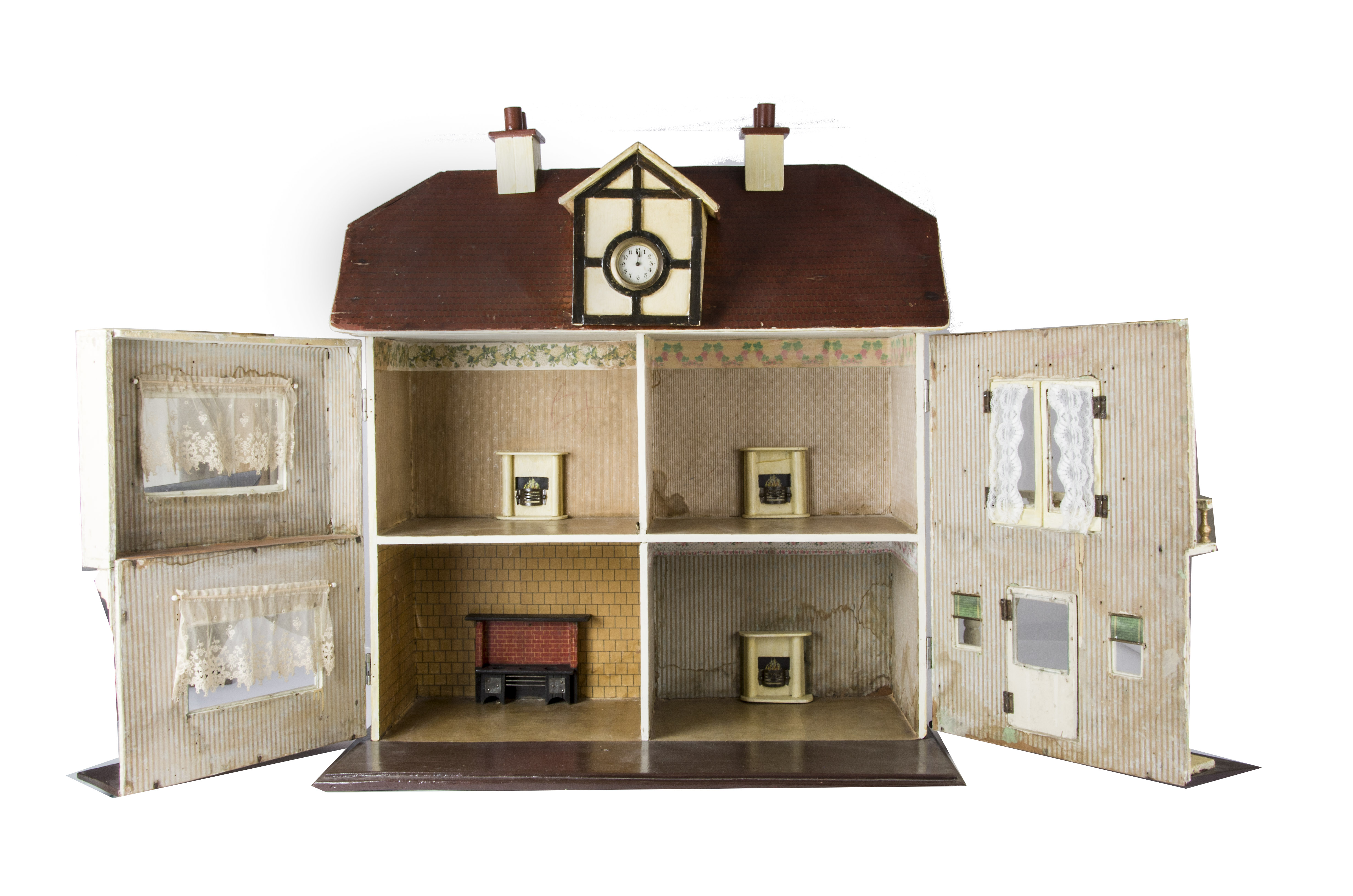 A G & J Lines No 34 The Clock House Dolls' House circa 1910, painted cream with gold lining, half- - Image 2 of 2