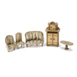German blonde wood Dolls' House Furniture, cupboard with small cupboard above, metal knobs and