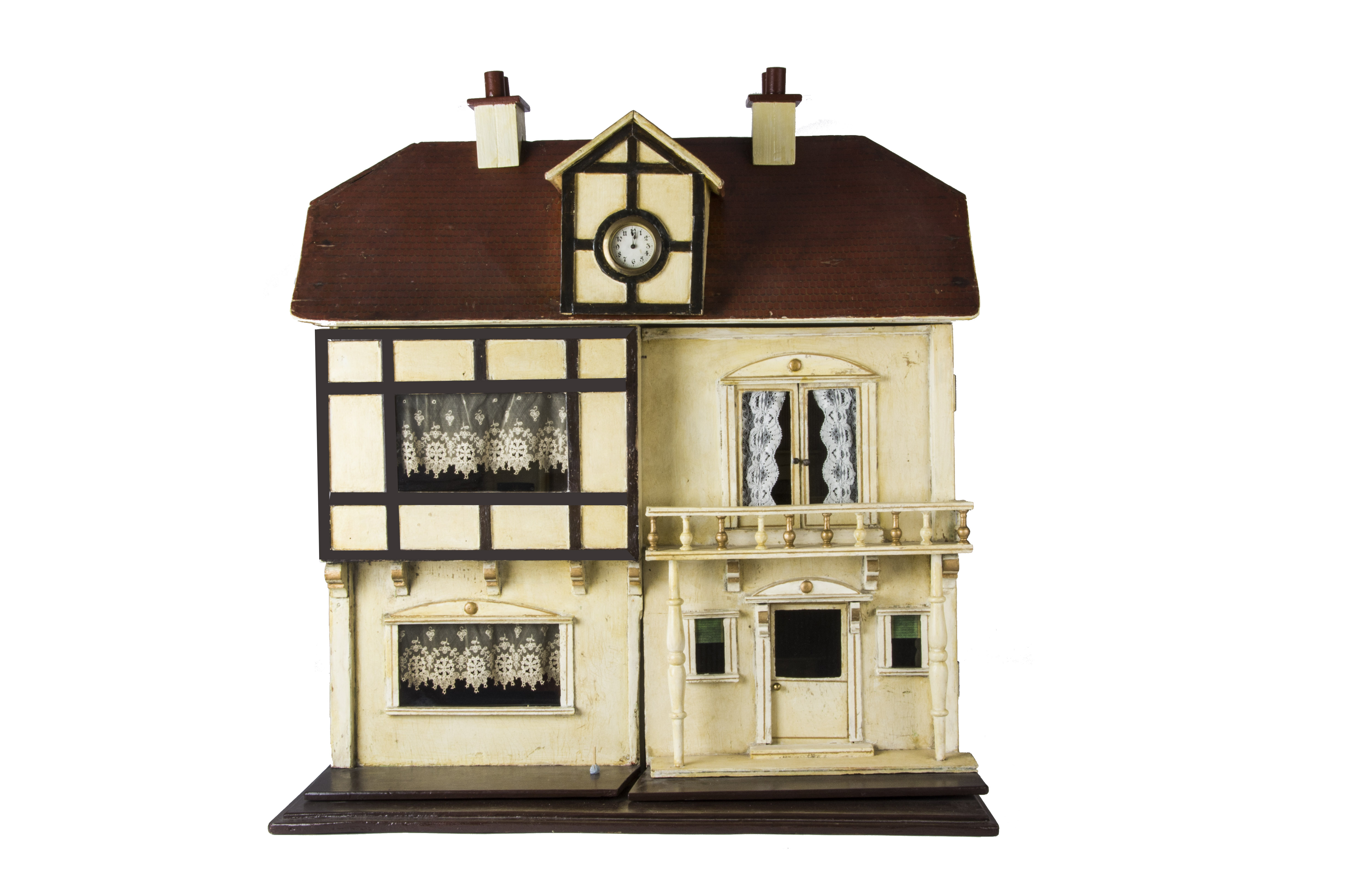 A G & J Lines No 34 The Clock House Dolls' House circa 1910, painted cream with gold lining, half-