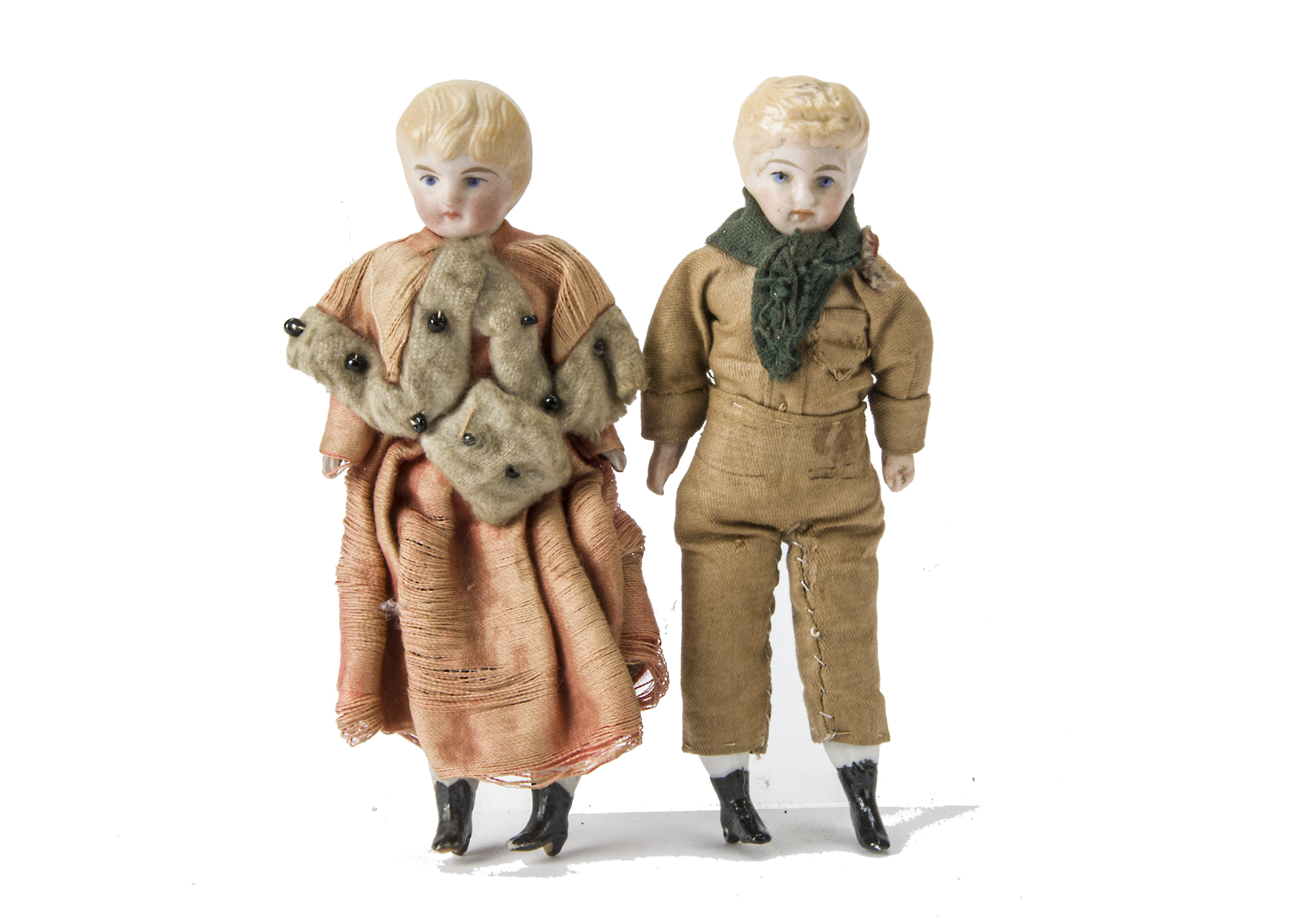 Two bisque shoulder-head Dolls' House Child Dolls, both with blonde moulded painted hair and blue