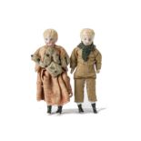 Two bisque shoulder-head Dolls' House Child Dolls, both with blonde moulded painted hair and blue