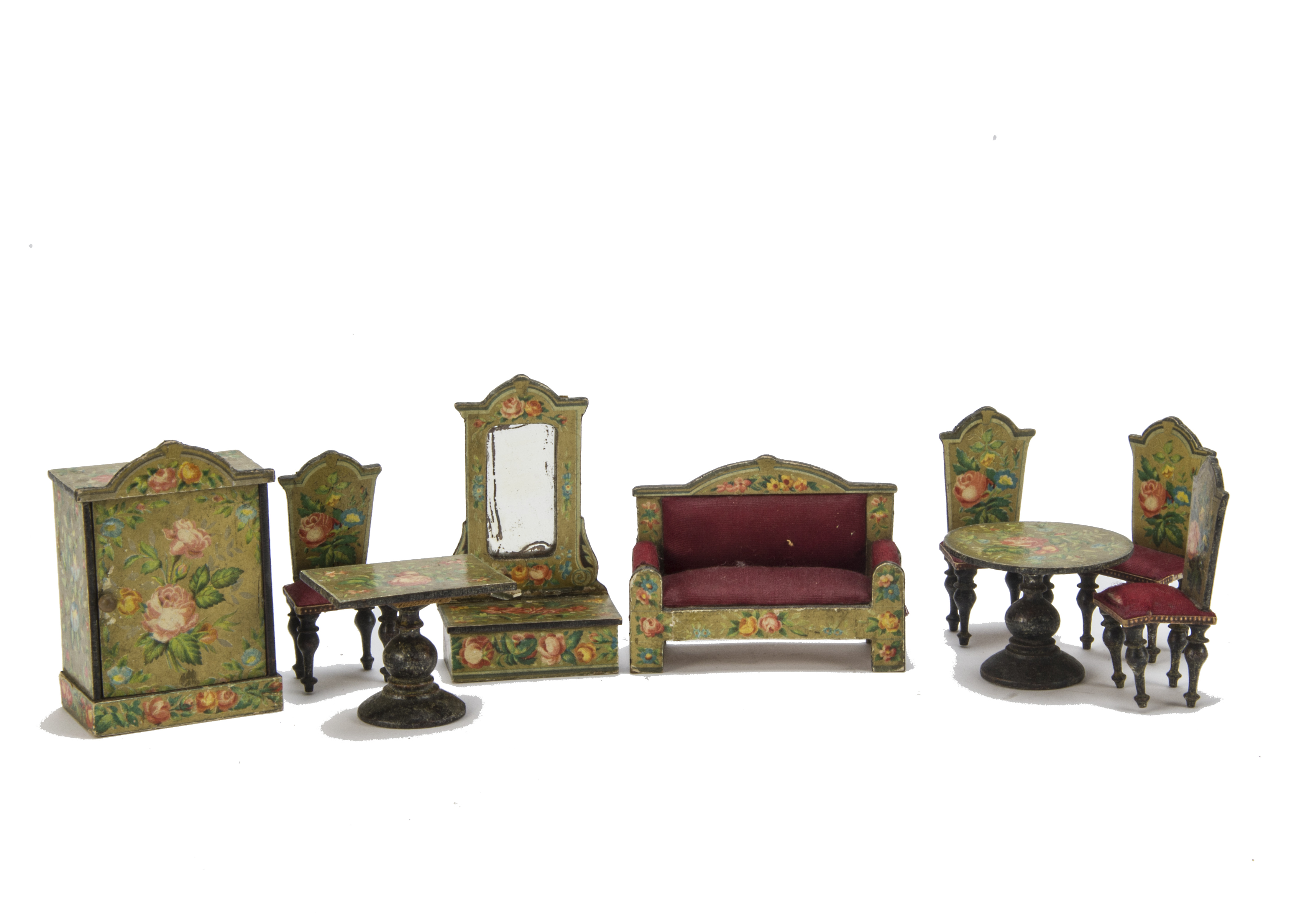 German chromolithographed paper-covered Wooden Dolls' House Furniture, printed with roses and