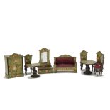 German chromolithographed paper-covered Wooden Dolls' House Furniture, printed with roses and