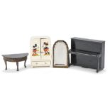 Rare Tri-ang Period Dolls' House Furniture, QA21 ebony Upright Piano --4 3/8in. (11cm.) wide, Mickey