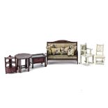 Gottschalk Dolls' House Furniture, brown-painted upholstered sofa--6in. (15cm.) wide, circular brown