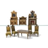 Oak Dolls' House Furniture, four chairs upholstered in gold-figured velvet --5in. (12.5cm.) high,