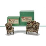 Tri-ang Period boxed Dolls' House Furniture, Queen Anne settee --4in. (10cm.) wide and Easy Chair,