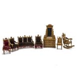 Schneegas Dolls' House Furniture, Gothic sofa and two matching armchairs upholstered in red