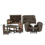 Pit-a-Pat Dolls' House Furniture, two wooden armchairs with floral printed cloth surface --3¼in. (