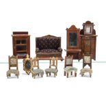 German Dolls' House Furniture, sofa upholstered in patterned burgundy velvet --5½in. (14cm.) wide,