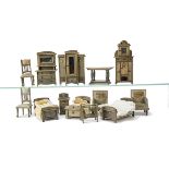 A Dolls' House grey stained wood Set, comprising wardrobe --5¾in. (14.5cm.) high; three single beds,