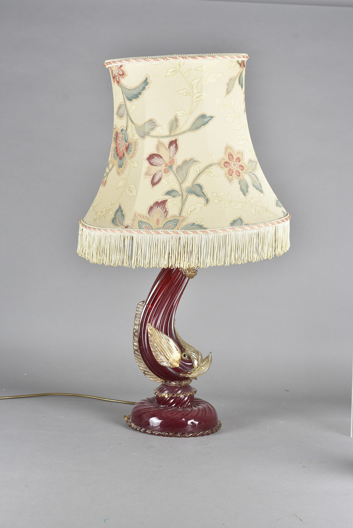 A Murano glass fish lamp base, the red glass fish, with clear glass and gold fleck decoration,