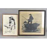 A 1950s French School woodcut print, depicting a fisherman in a boat, signed and dated 1957, 31 cm x