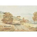 In the manner of Robert Dixon, watercolour of a lake and hamlet scene, marked to mount, 25 cm x 35
