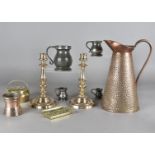 An assortment of pewter tankards, various ages and sizes, together with a collection of brass and