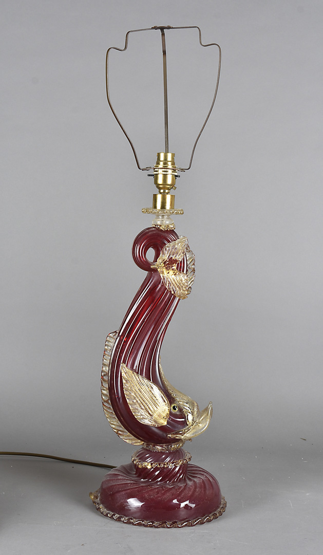 A Murano glass fish lamp base, the red glass fish, with clear glass and gold fleck decoration, - Image 2 of 2