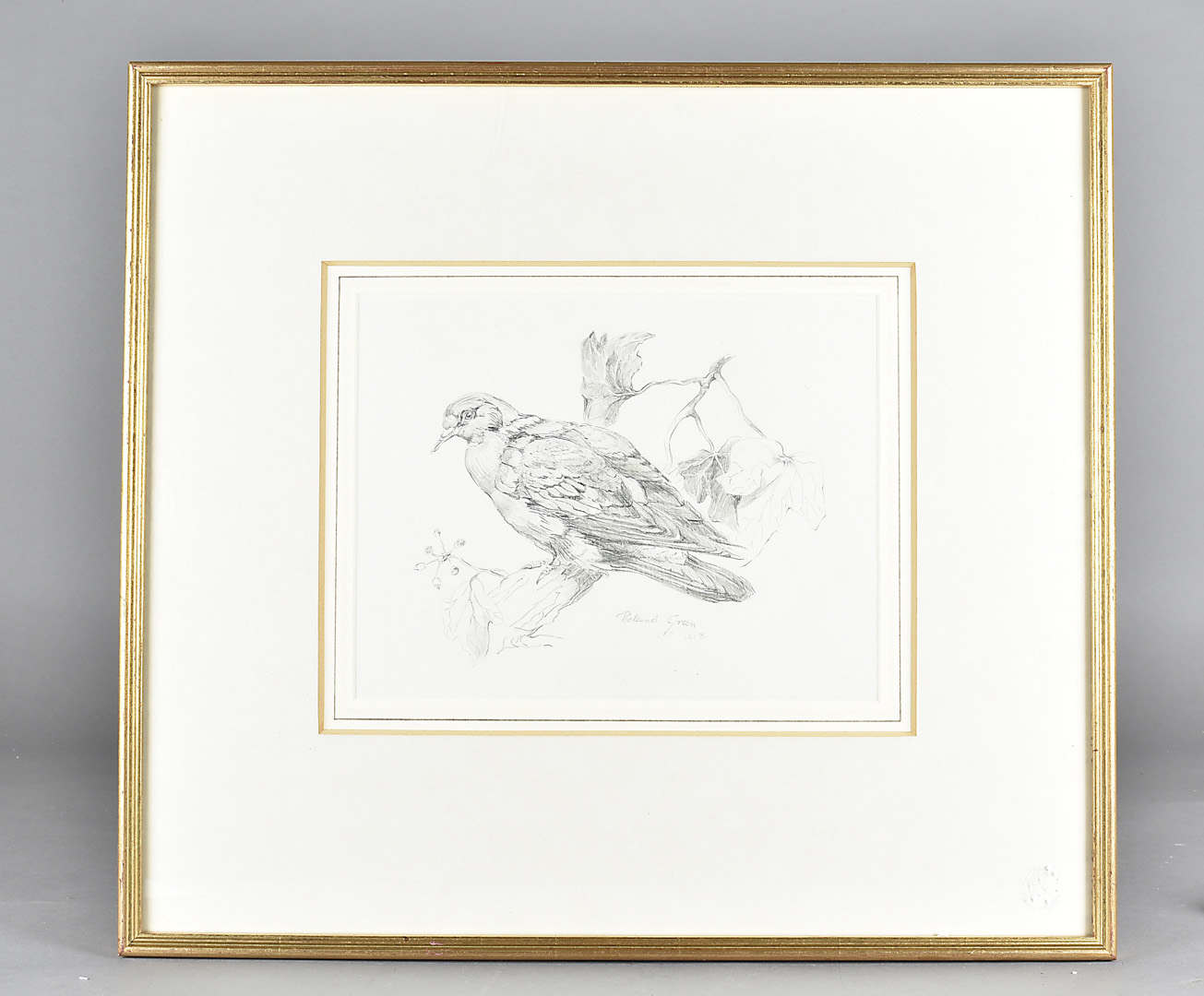 Roland Green 1896-1972, pencil on paper, Young Pigeon on a branch, signed and dated 1912, 21 cm x 28 - Image 2 of 2