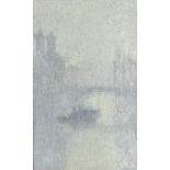 In the manner of A Velette (1876-1942), oil on card, depicting a hazy river scene, signed lower