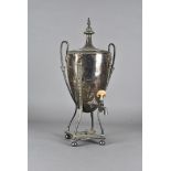 A Regency plated Samovar, the large body having raised design of females, twin handles, bone