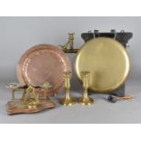 A pair of 19th century brass ejector canndle sticks, two other pairs a dinner gong and other metal
