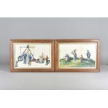 A group of six Chinese silk paintings, all depiciting various scenes of working men, framed and