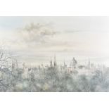 A Limited Edition print of Oxford, showing the city skyline, signed in pencil by artist, possibly