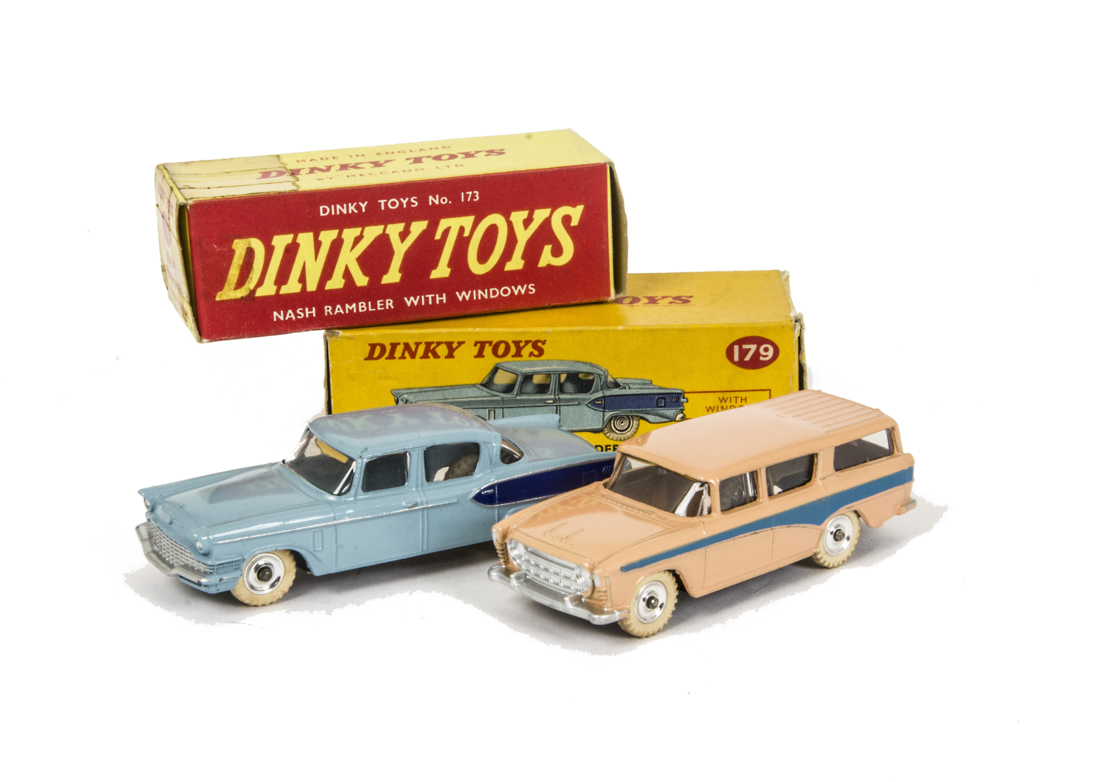 Dinky Toys 173 Nash Rambler, pink body, blue flash, spun hubs, 179 Studebaker President Sedan, light