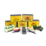 Matchbox Lesney 1-75 Series, 34 VW Camping Car, GPW, 73 RAF Pressure Refueler, 48 Sports Boat &