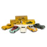 Dinky Toys 157 Jaguar XK120 Coupe, five examples, first yellow body, light yellow hubs, second