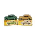 Dinky Toys 154 Hillman Minx Saloon, tan body, cream hubs, 3rd casting, 159 Morris Oxford Saloon,