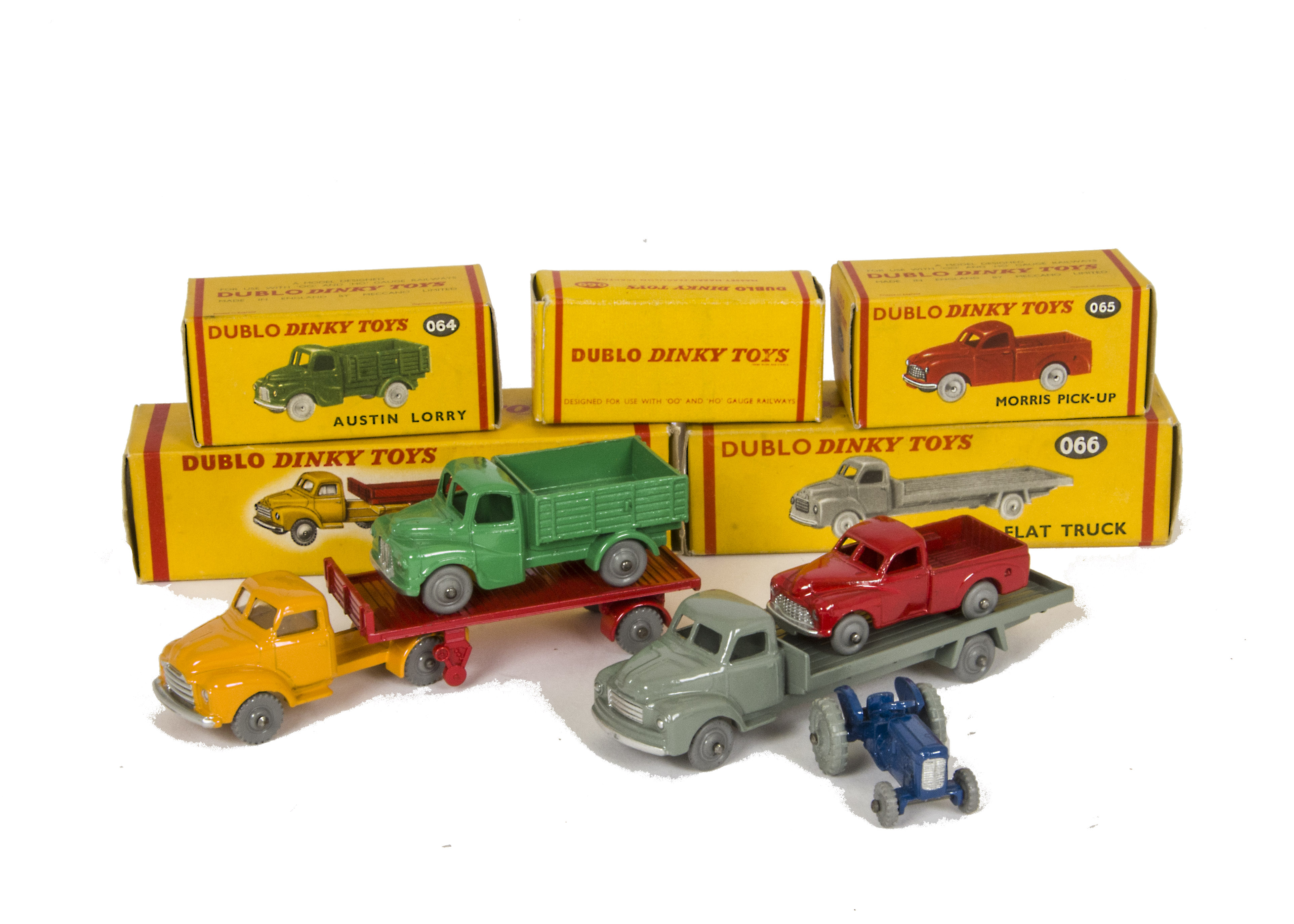 Dublo Dinky Toys, 064 Austin Lorry, 065 Morris Pick-Up, 066 Bedford Flat Truck, 069 Massey-Harris