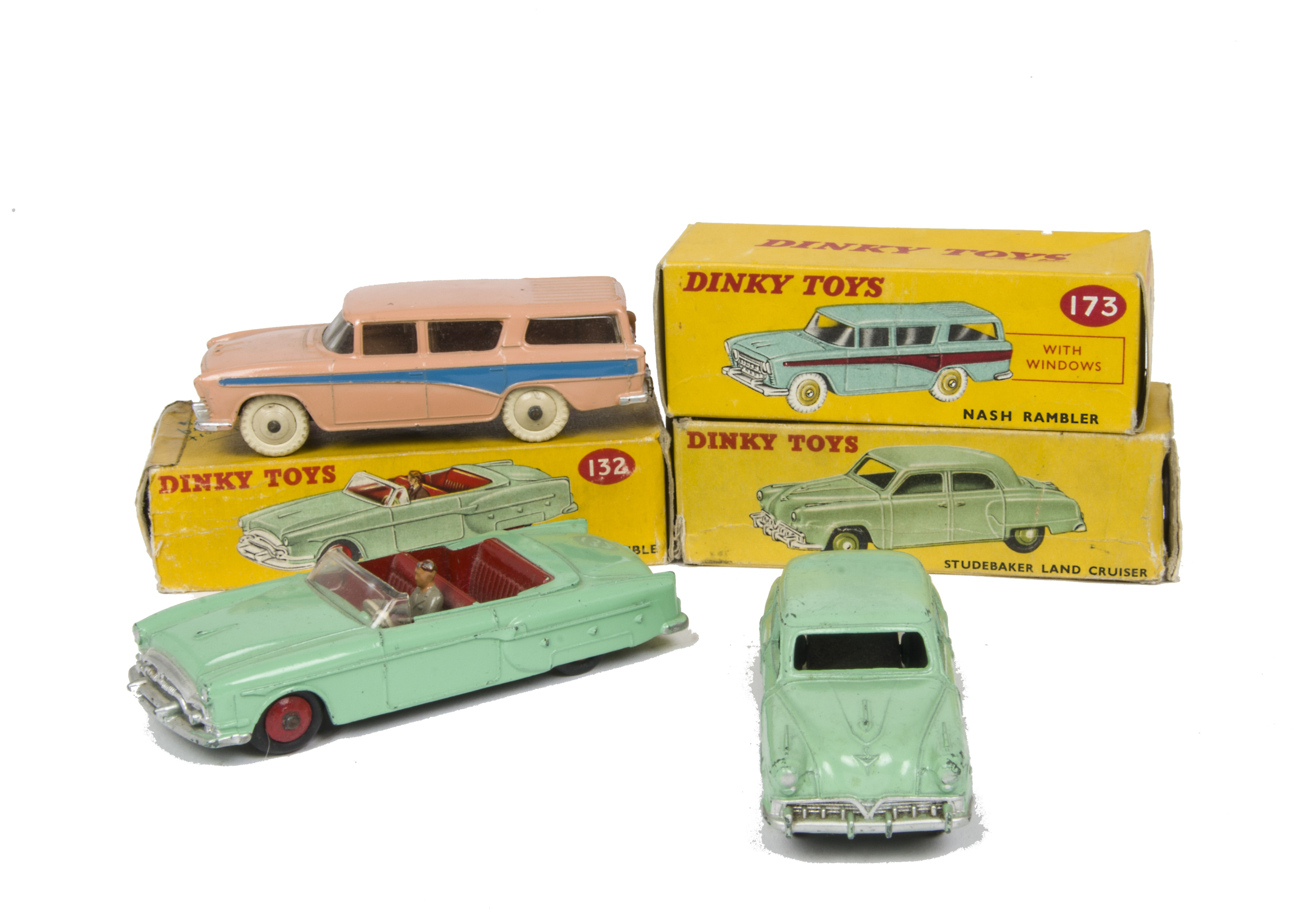 American Cars by Dinky Toys, 173 Nash Rambler, salmon pink body, blue flash, 132 Packard