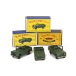 Matchbox Lesney 1-75 Series 12b Land Rover, three differing variations, one KBPW in type C box,