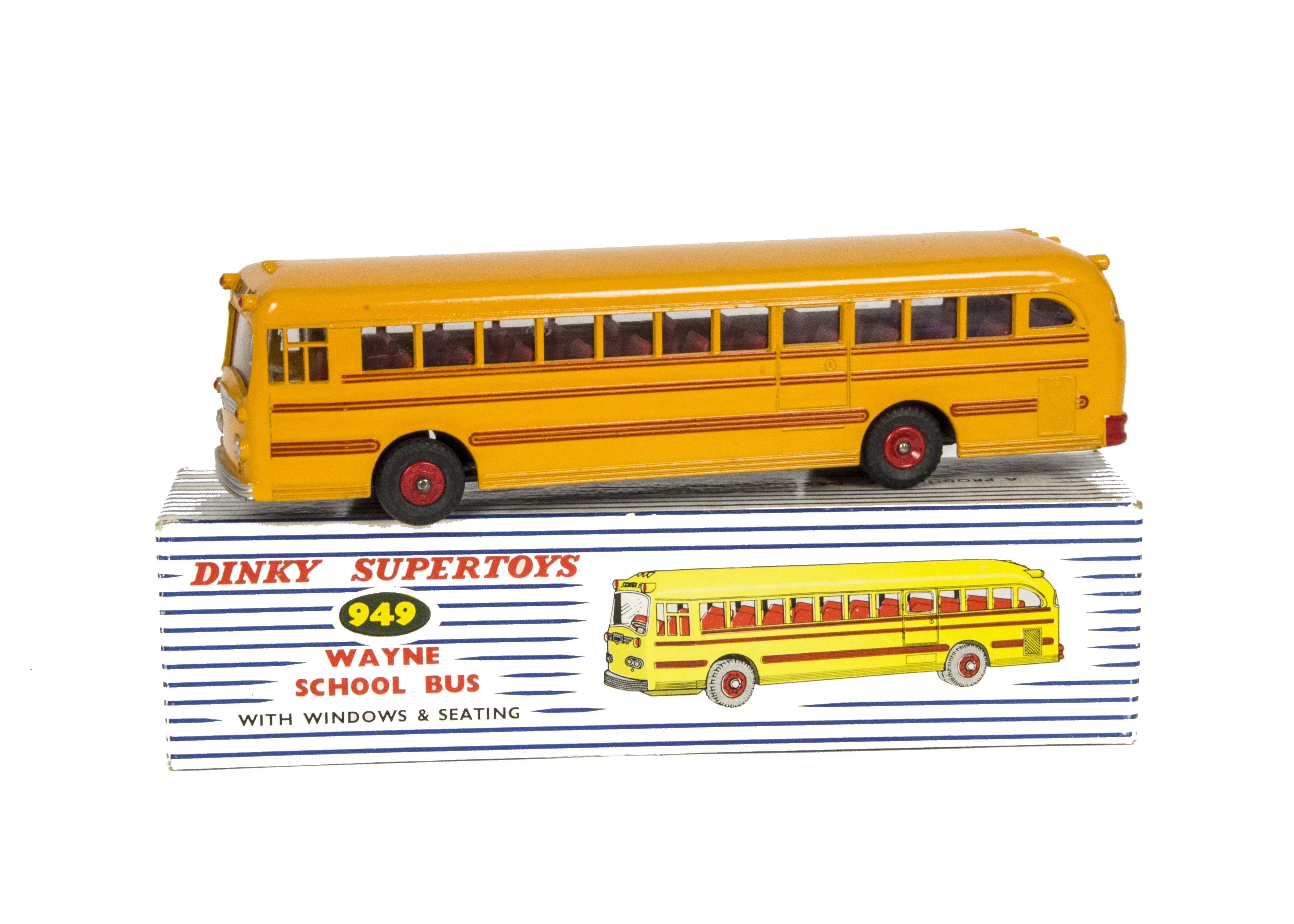 A Dinky Supertoys 949 Wayne School Bus, deep yellow body, red lines, red plastic hubs, in original