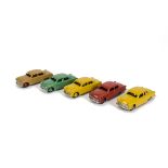 Dinky Toys 139a Ford Fordor Sedan, five examples, first green body and hubs, second red body and