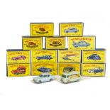 Matchbox Lesney 1-75 Series, thirteen models including 7 Ford Anglia, 32 Jaguar E-Type, 25