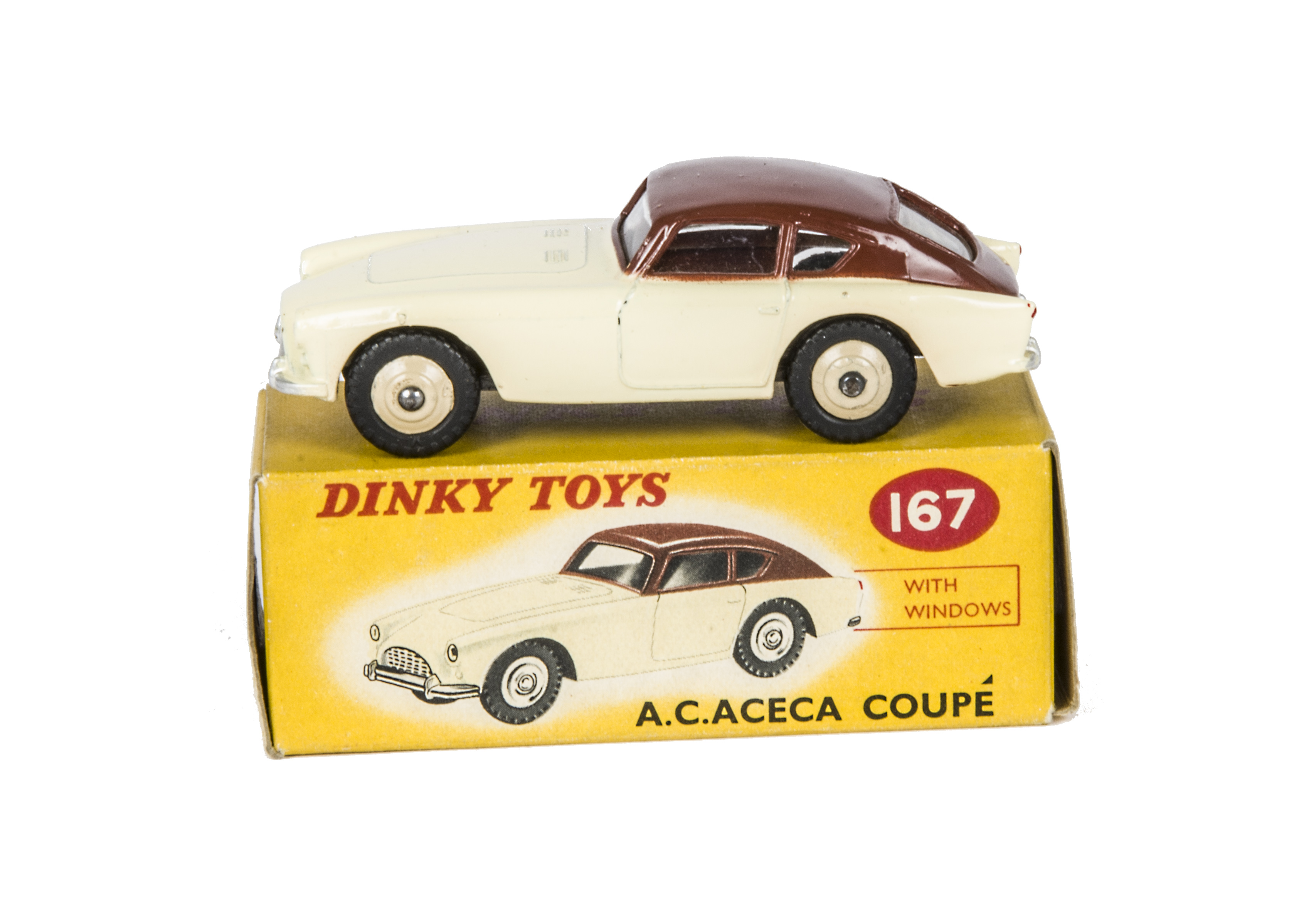 A Dinky Toys 167 A.C. Aceca Coupe, cream body, brown roof, dark cream ridged hubs, in original