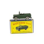 A Matchbox Lesney 1-75 Series 12b Land Rover, green body, GPW, in original box, E, box E